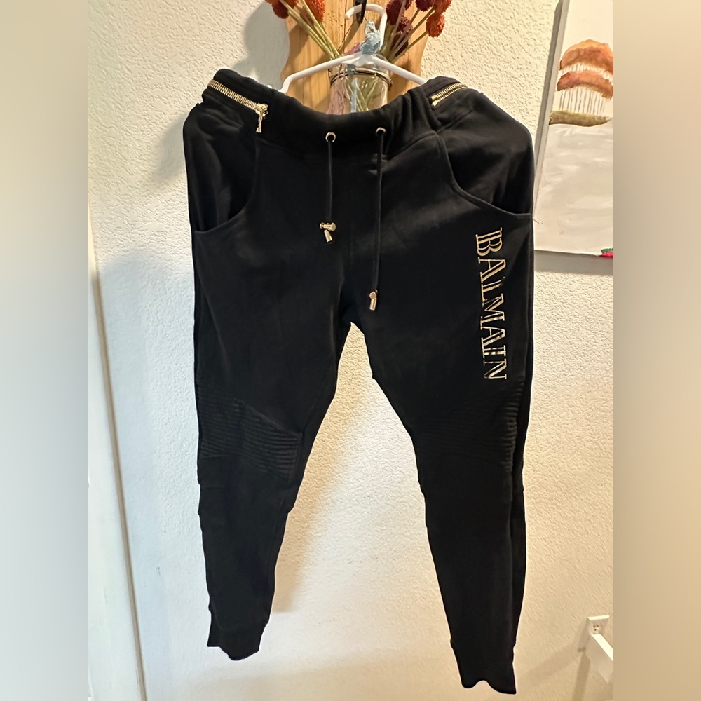 Balmain Black Track Pants with Gold Hardware